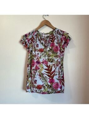 Rose + Olive Tropical Floral Tassel Tie Blouse Size S Boho Peasant Blouse Pink